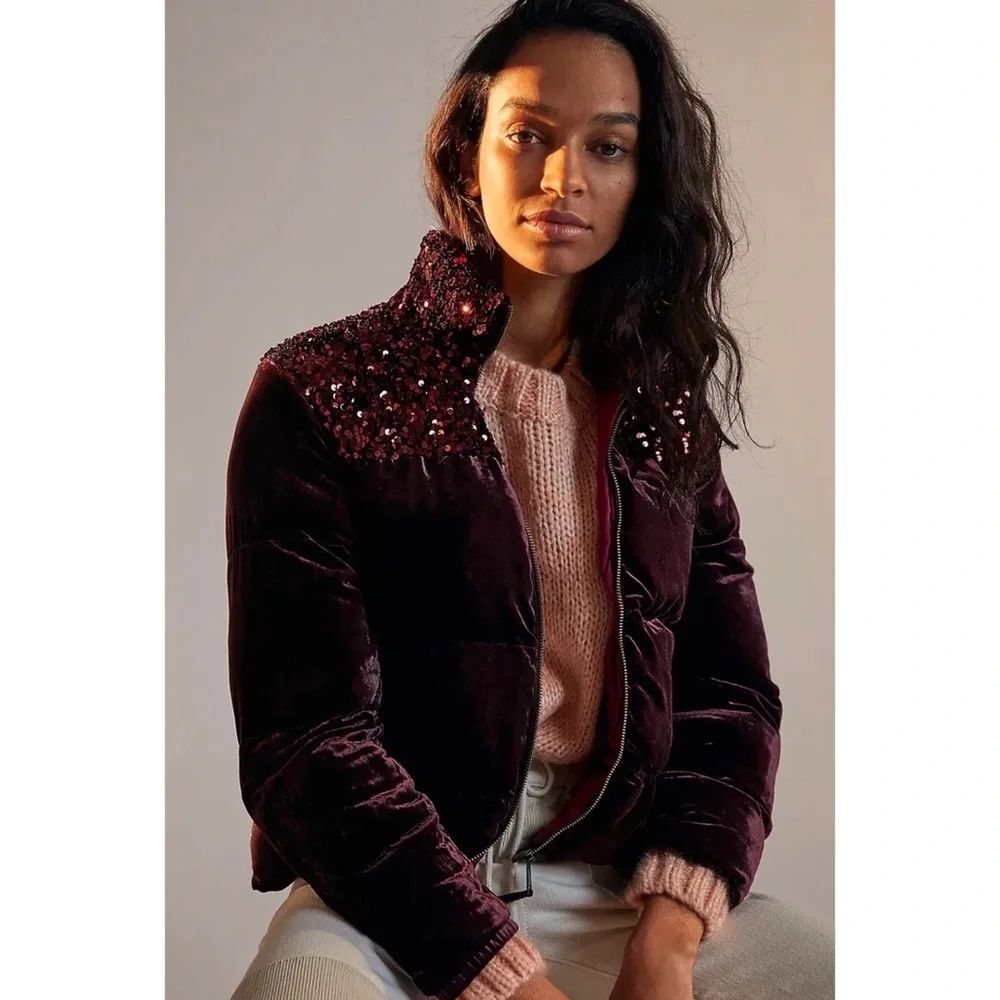 Anthropologie Vera Sequined Velvet Puffer Jacket